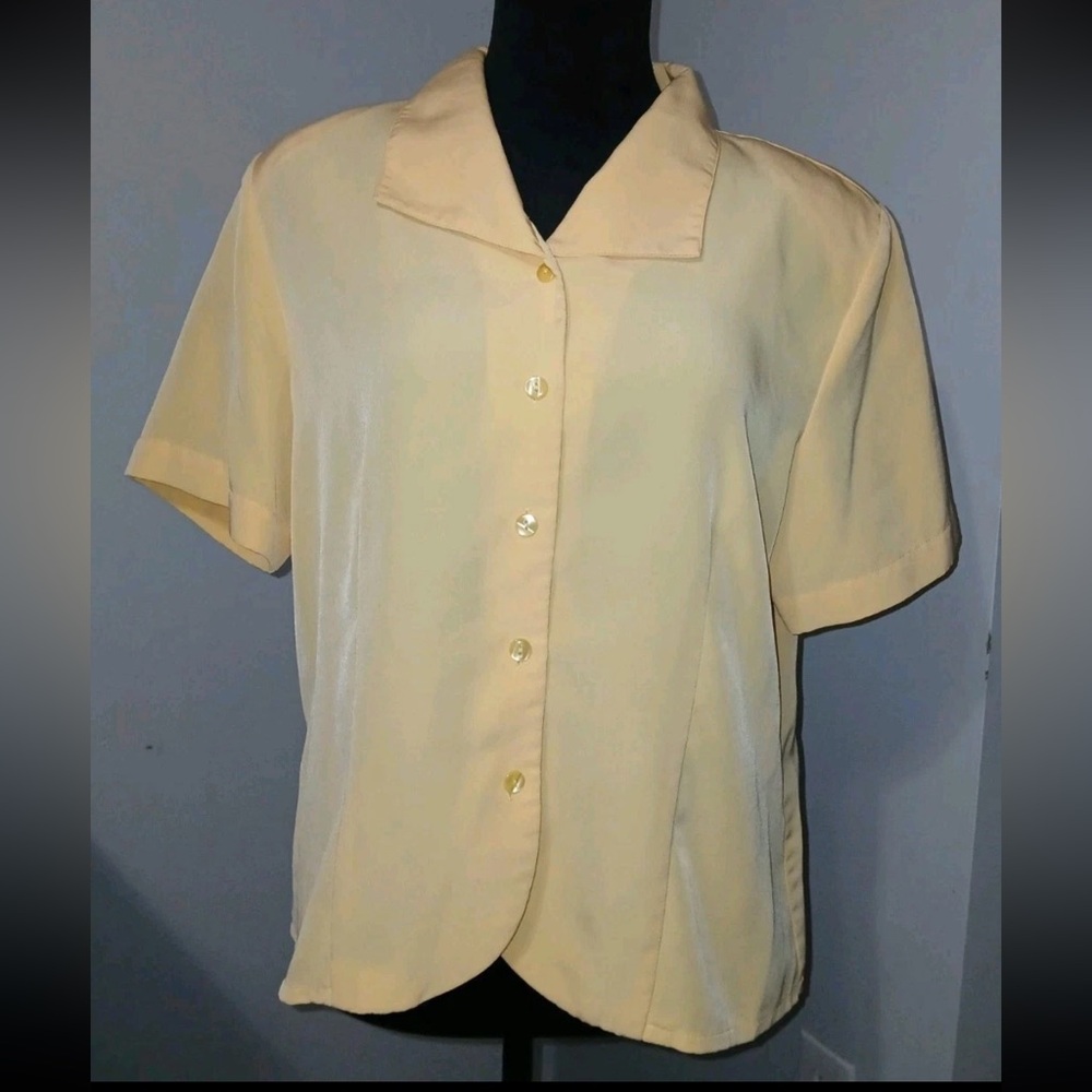 Liz Baker Essentials Light Yellow Button up blouse short sleeve size 14